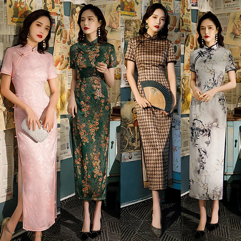Summer 2025 Wide-Brimmed Eight-Button Retro Stand-Up Collar Long Cheongsam Dress for Women Daily Improved Female Fashion