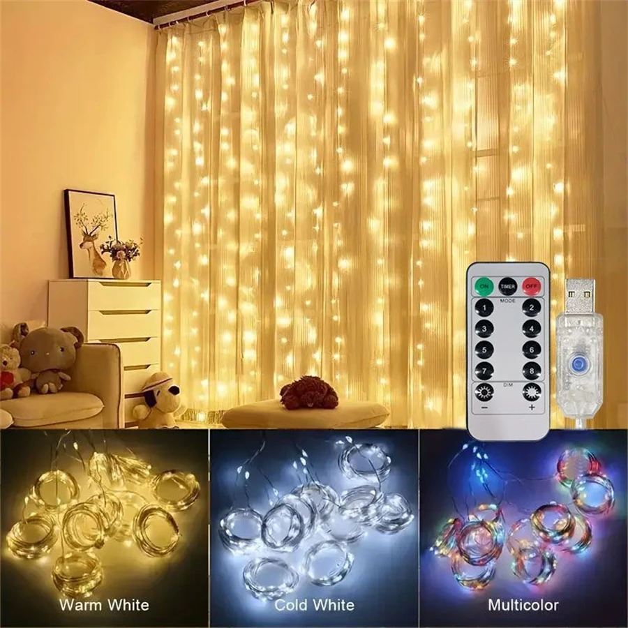 USB Curtain String Lights Remote control 8 Mode Fairy Light Holiday Wedding Home Bedroom Decoration EID Mubarak Bedroom Wedding