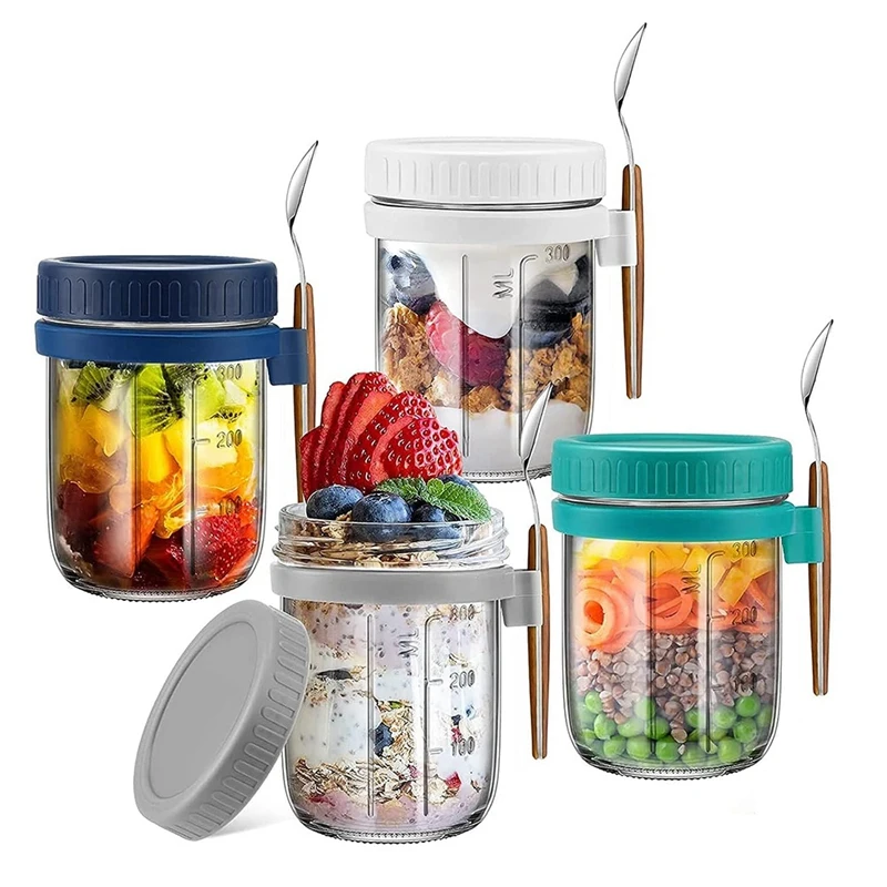 

4 Pack Overnight Oats Containers Glass Mason Overnight Oats Jars Airtight Oatmeal Container With Lids And Spoons, 12 Oz