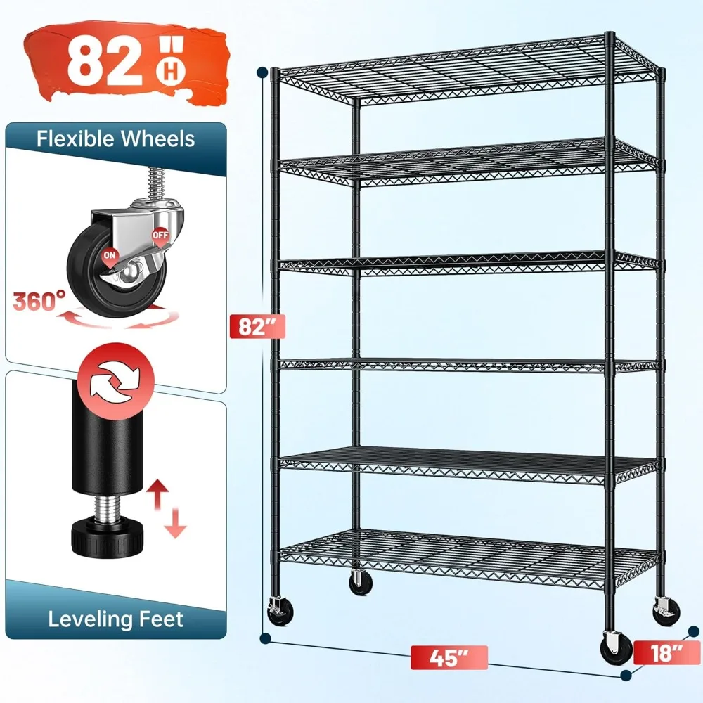 6-Tier Adjustable Metal Wire Shelving with Wheels, 82H x 45W x 18D, Heavy Duty Pantry Racks, 1200LB Capacity
