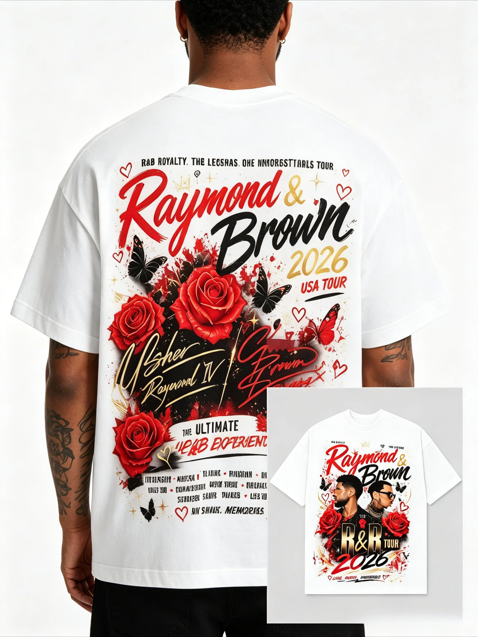2026 Mens Streetwear Art Poster Tee Retro Rose Butterfly Graphic Print Crew Neck Short Sleeve Cotton Tops