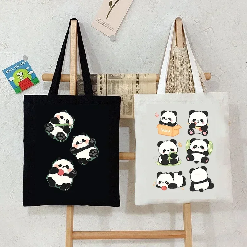 Cartoon Panda Pattern Canvas Shoulder Bag Women Portable Versatile Storage Bag Cute Animal Panda Shopping Bags Teen Girl Handbag