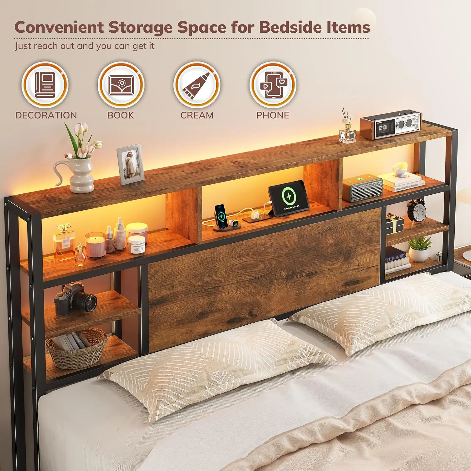 King Bed Frame Storage Headboard Charging Station Brown, Customized