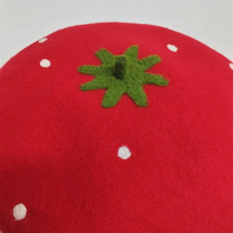 Kids Women Red Strawberry Handmade Wool Felt Cute Painter Hat Gift Warm Cap Family handcraft Beret Cap