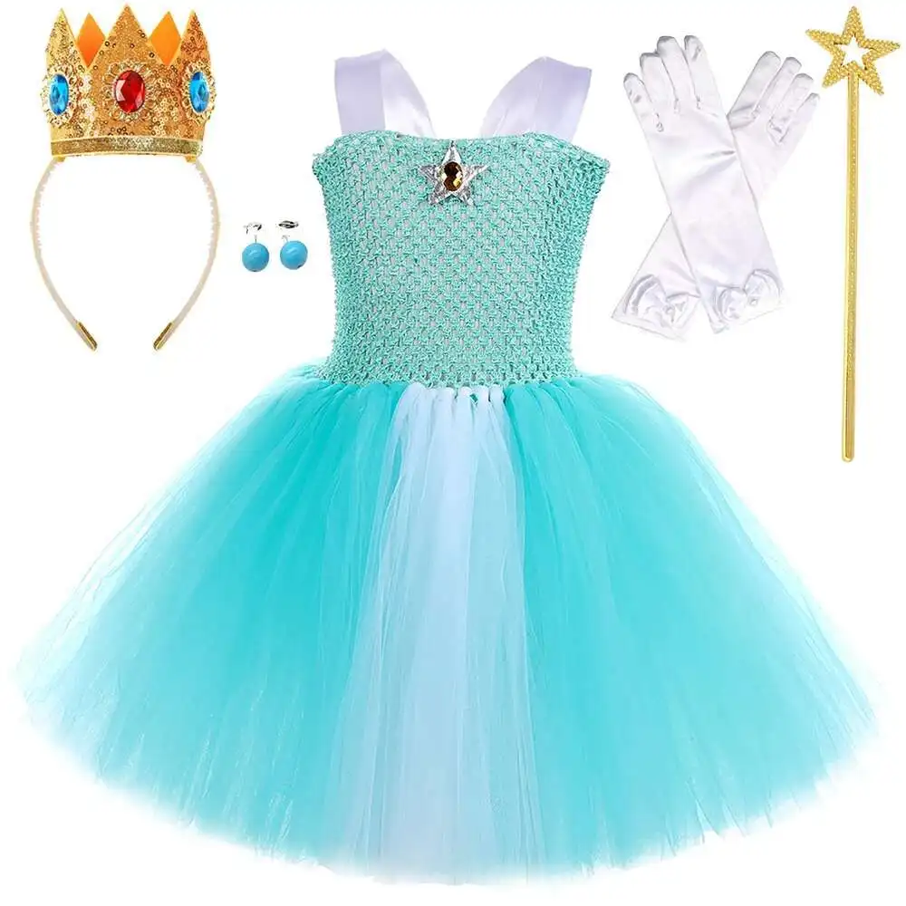 

Princess Rosalina Costumes for Girls Turquoise Green Ballet Tutu Dress with Gold Crown Kids Christmas Halloween Fancy Outfit