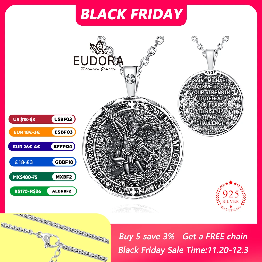 

Eudora, новое ожерелье Saint Michael, стерлинговое серебро 925 пробы, архангел, амулет, медаль, крест, кулон, христианские ювелирные изделия, подарок для мужчин и женщин