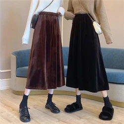 Rimocy Elegant Velvet Long Skirt for Women 2024 Vintage A Line High Waist Midi Skirt Female Solid Color Autumn Winter Skirts