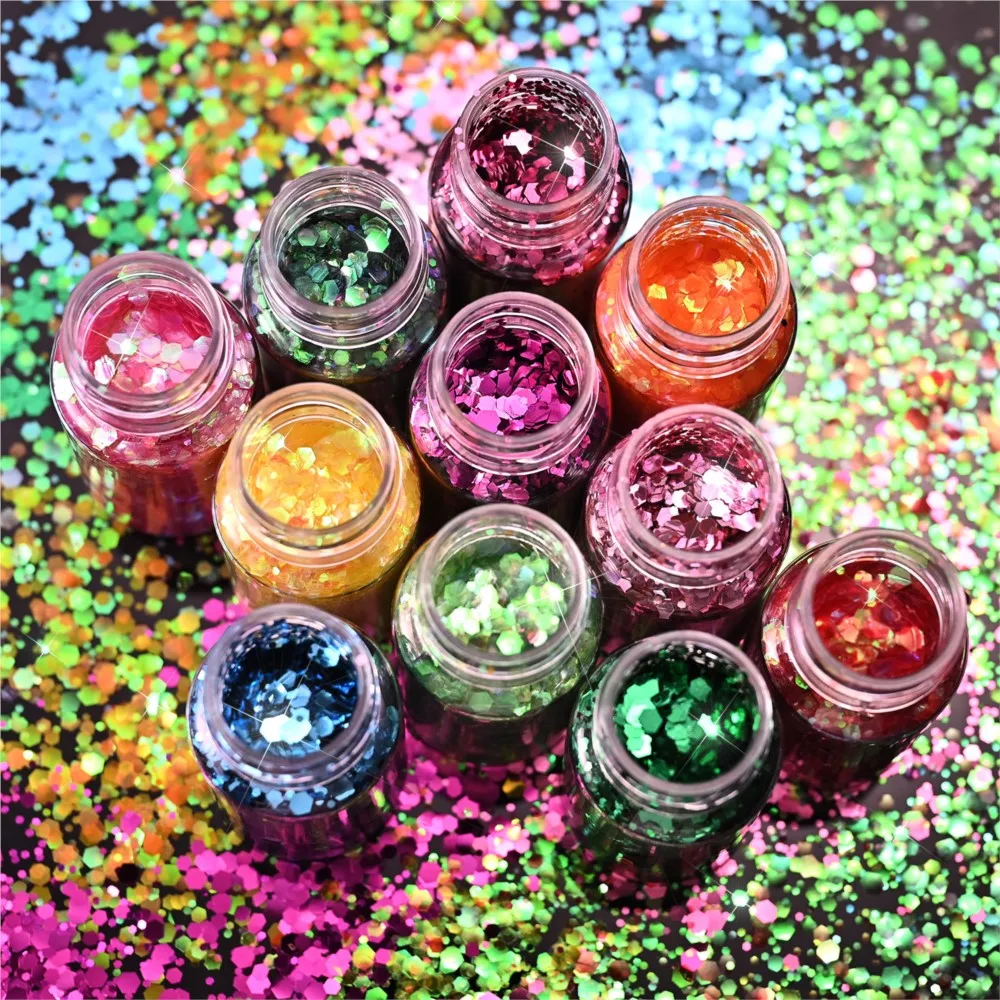 11jars/set Mix Chunky Iridescent Nail Flakes Laser Holographic Hexagon Nail Glitter Sequins Colorful Ultra-thin Nail Charms 10ml