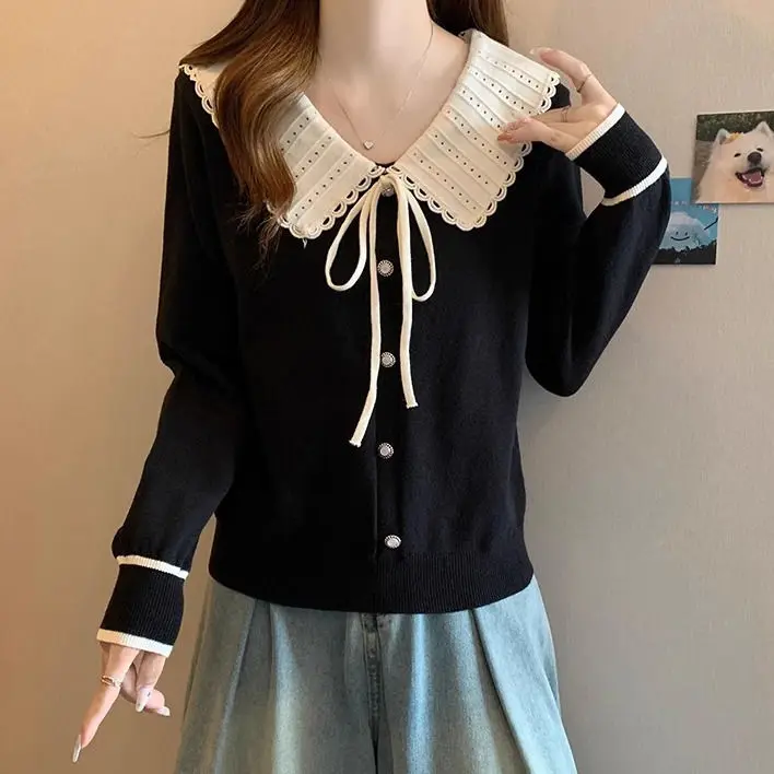 Knitted Shirt with Doll Style Knitted Base Long Sleeves for Reducing Age Bow Tie Hair New Chinese Style Top