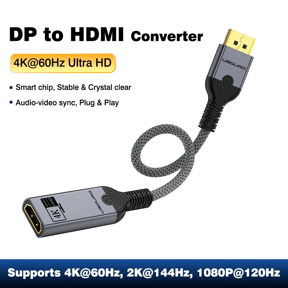 0,2m 4K 60Hz DP naar HDMI Adapterkabel, Unidirectionele DisplayPort 1.2 naar HDMI Converter 4K30Hz 2K@144Hz 1080P, Audio Video Sync