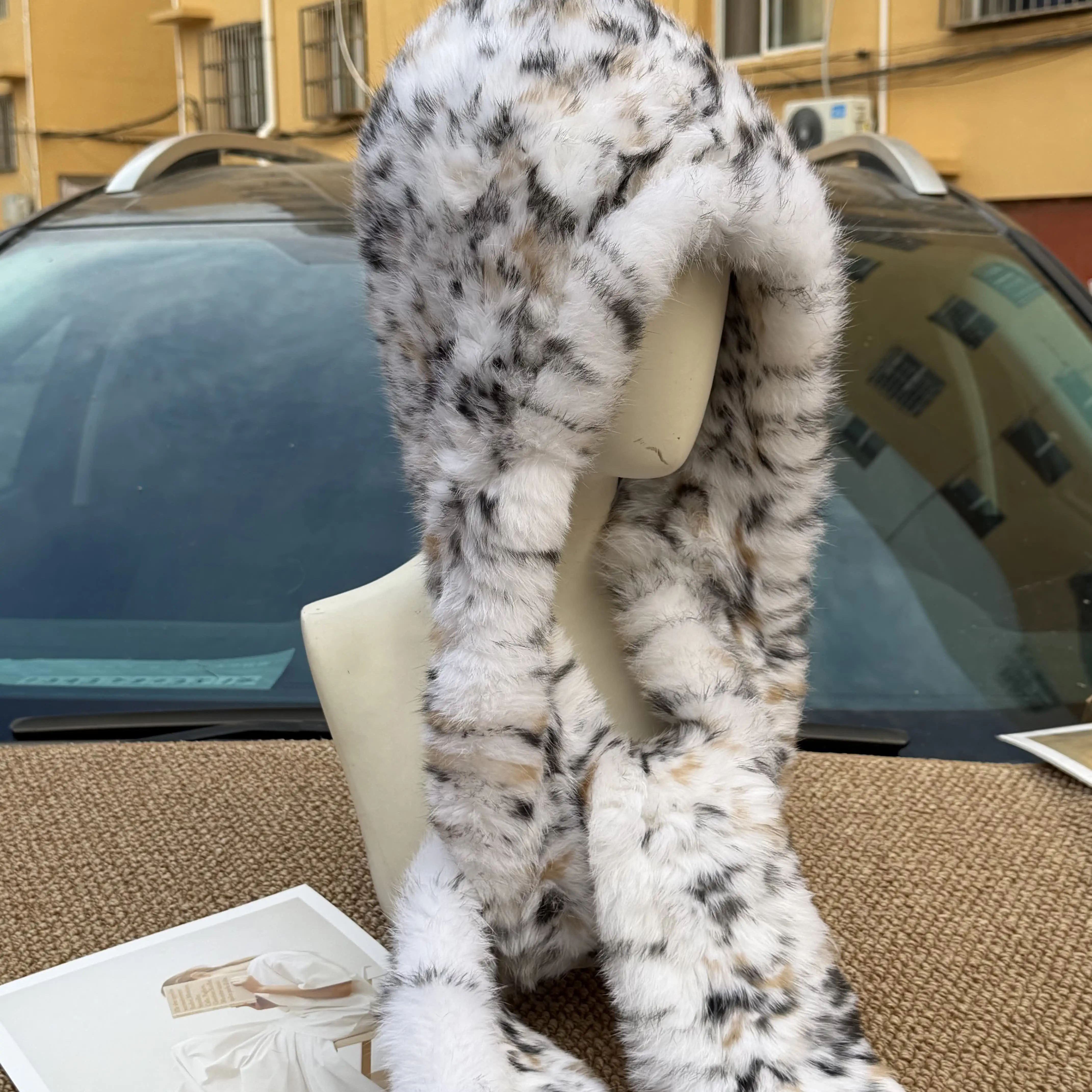 Real Rabbit Fur Scarf Hat Set Women's Double-Sided Thick Warm Fluffy Fur Scarf for Autumn Winter