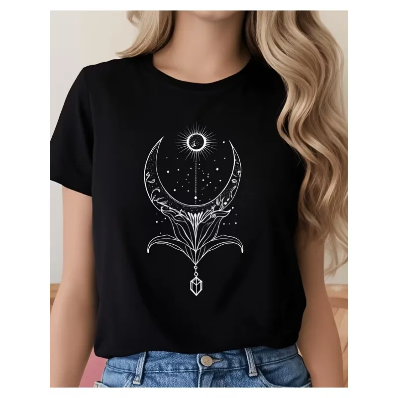 Celestial Dragon Moon Stars Graphic T-Shirt Women’s Casual Crew Neck Short Sleeve Tee Mystical Boho Dragon Print for Daily Wear