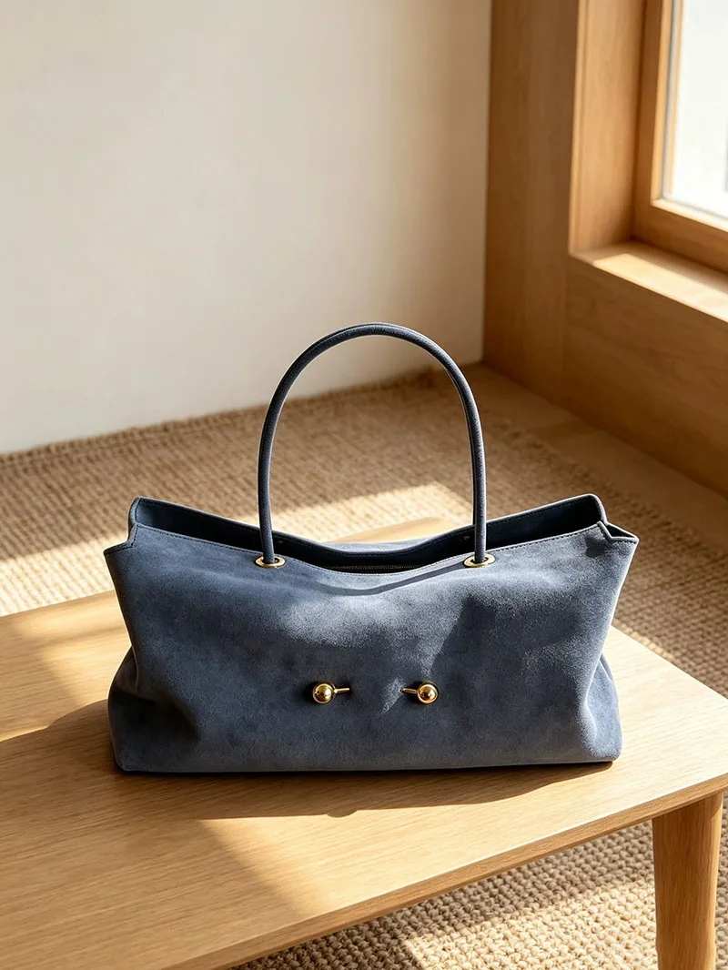 HIGHREAL Suede Leather Tote Bag Women's Commuter Bag Large Capacity Shoulder Bag Pure Color Soft Cotton Material Office Lady Bag