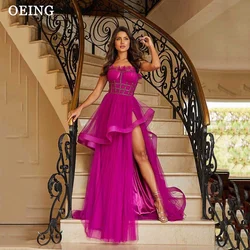 OEING Fuschia Long A Line Prom Dresses Glitter Evening Party Dress Sweetheart Long Tulle Sleeveless Fomral Club Night Gowns