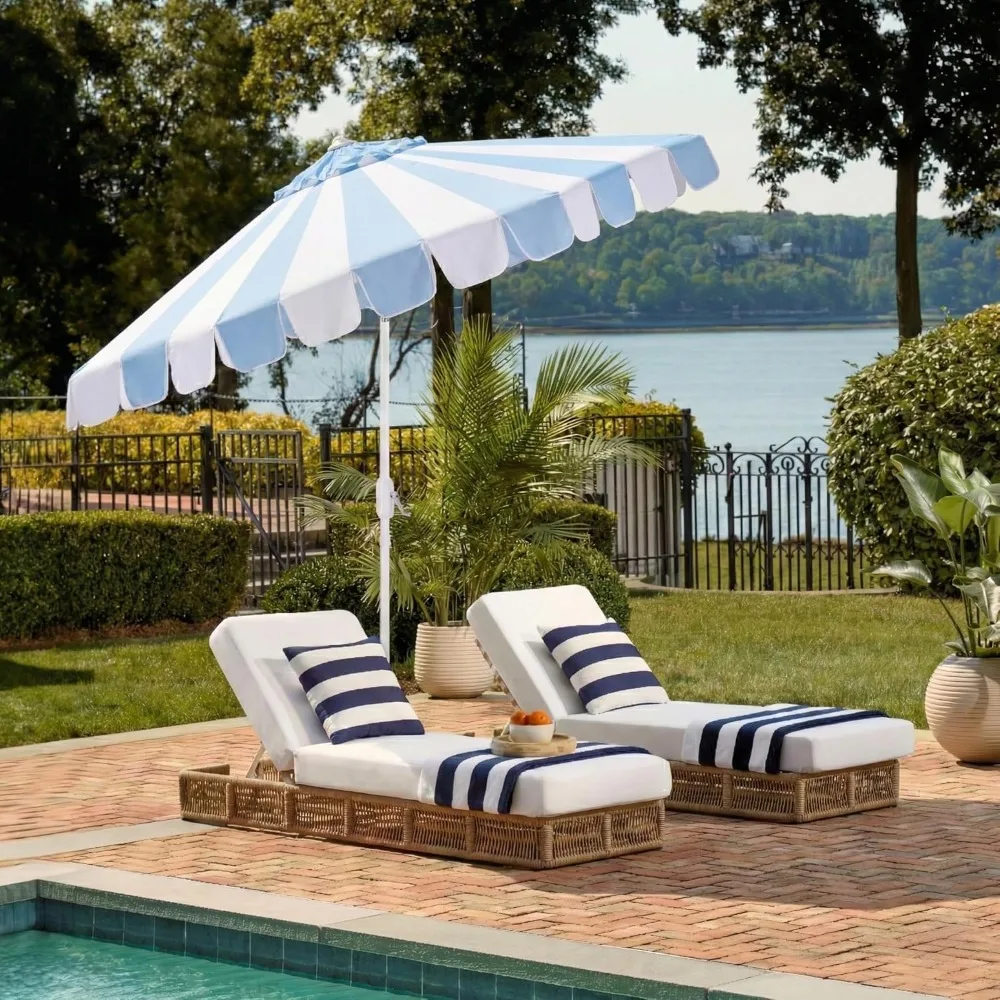 

Outdoor Patio Furniture Collection, Meze 9 Ft Crank Patio Umbrella, Baby Blue Stripe & White Pole, Market Umbrella, Customized