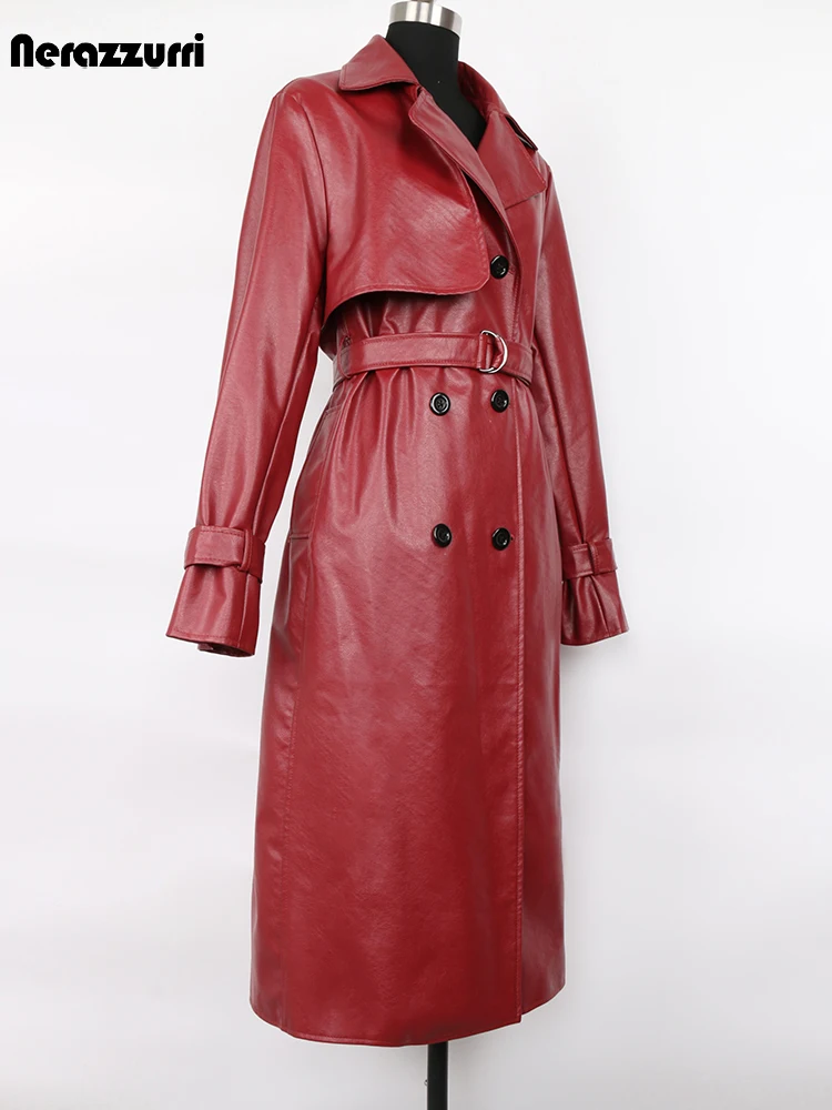 Nerazzurri primavera longo vinho vermelho falso couro trench coat para mulher duplo breasted luxo designer elegante impermeável capa de chuva