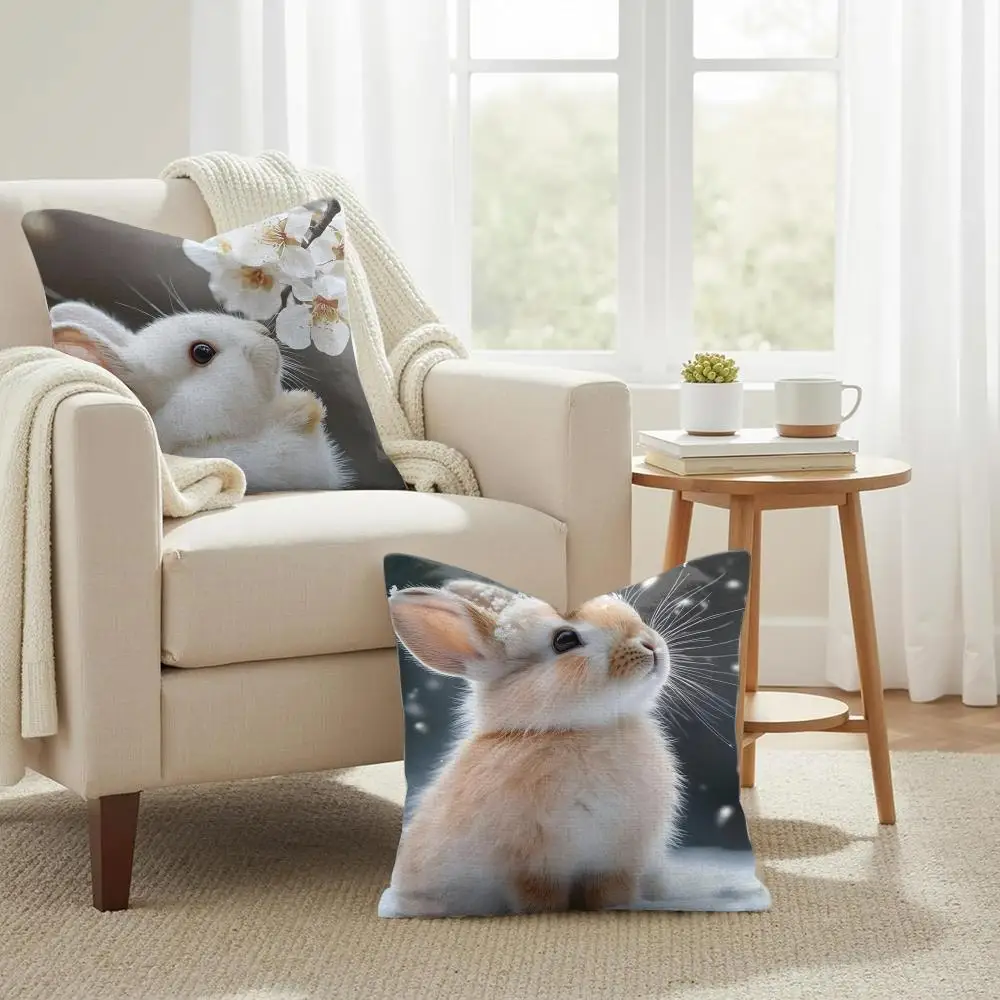 Rabbit Cushion Cover Summer Coolness Linen Organic Fabric Sofa Pillow Case Double-Sided Printing Home Decor