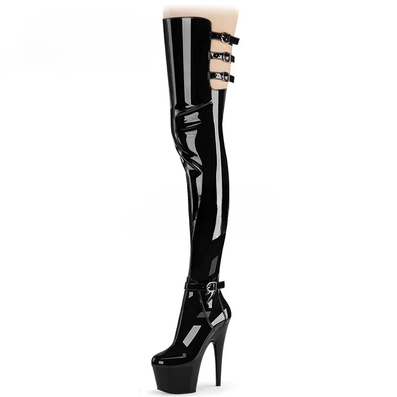 Women's Boots Over The Knee New Patent Leather Hollow Out Nightclub Steel Dance Sexy Charming 17CM Stiletto Women Shoes Black