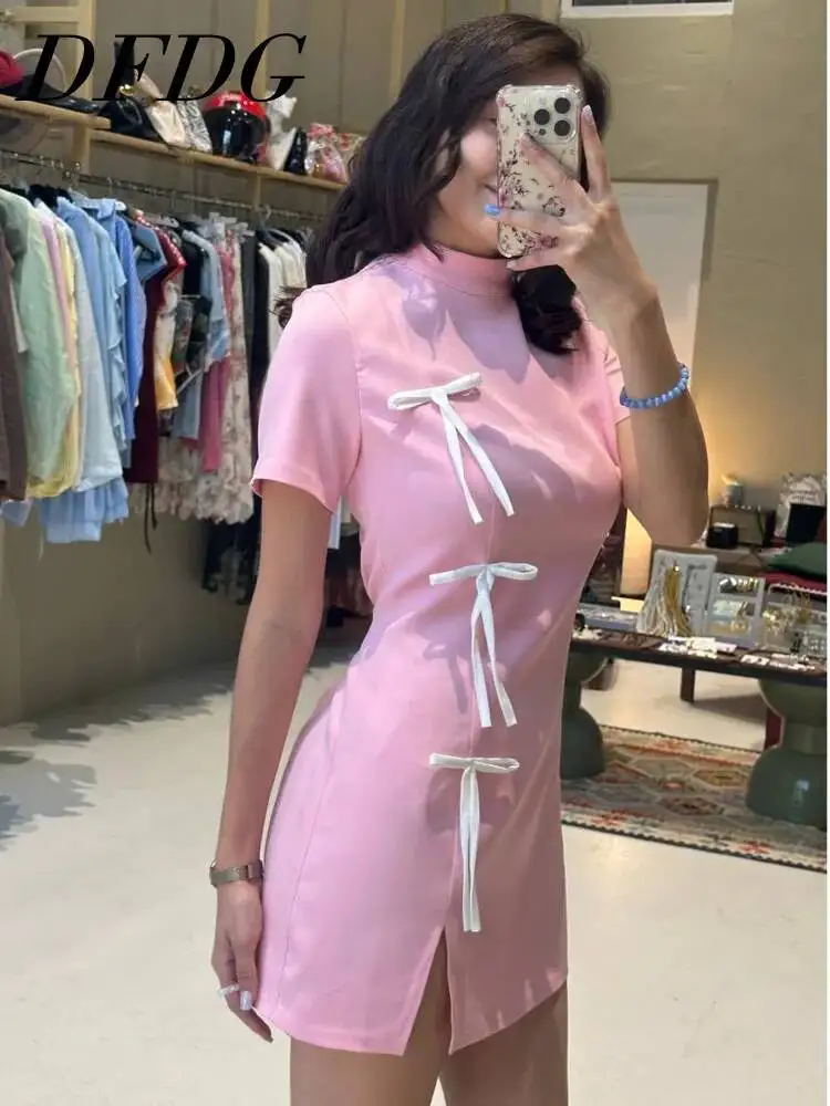 

DFDG Women 2026 Spring Summer Cheongsam Mini Dress Stand Collar Frog Button Slit Hem Short Sleeve Bodycon Elegant Party Dress