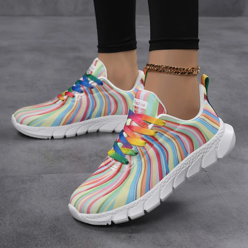 Women Rainbow Striped Sneakers Flying Knit Lace Up Thick Sole Lightweight Non Slip Fashion Casual Walking Shoes