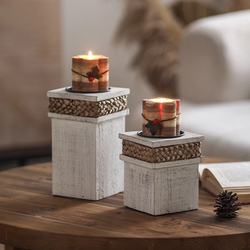 

European Vintage Wood Candle Holder Retro Tabletop Decor Aromatherapy Tray Wedding Party Atmosphere Home Decoration Accessories