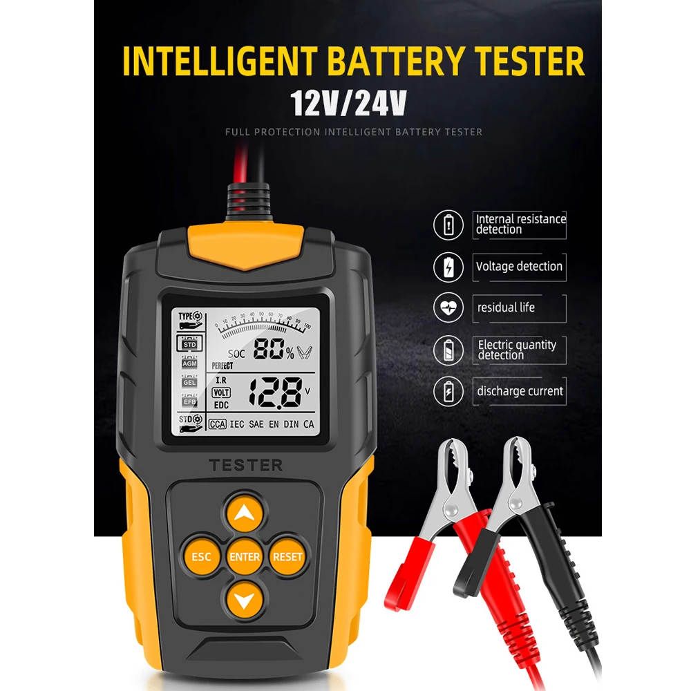 E-FAST Car Battery Tester LCD Battery Analyzer 12V 24V Charge Testing Car Diagnostic Tool Gel AGM WET CA SLA Battery CCA IR SOH