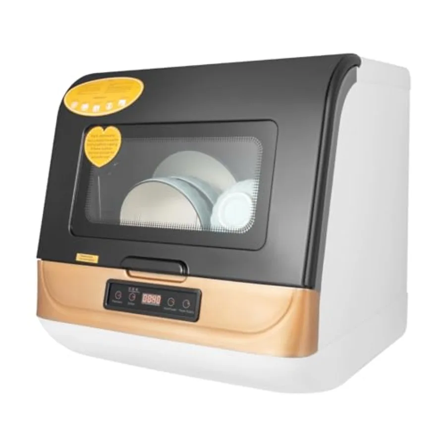 Portable Countertop Dishwasher with Water Tank 3 Washing Programs 360-Degree Spraying 75C Hot Air Drying 110V 1200W Black+Brown
