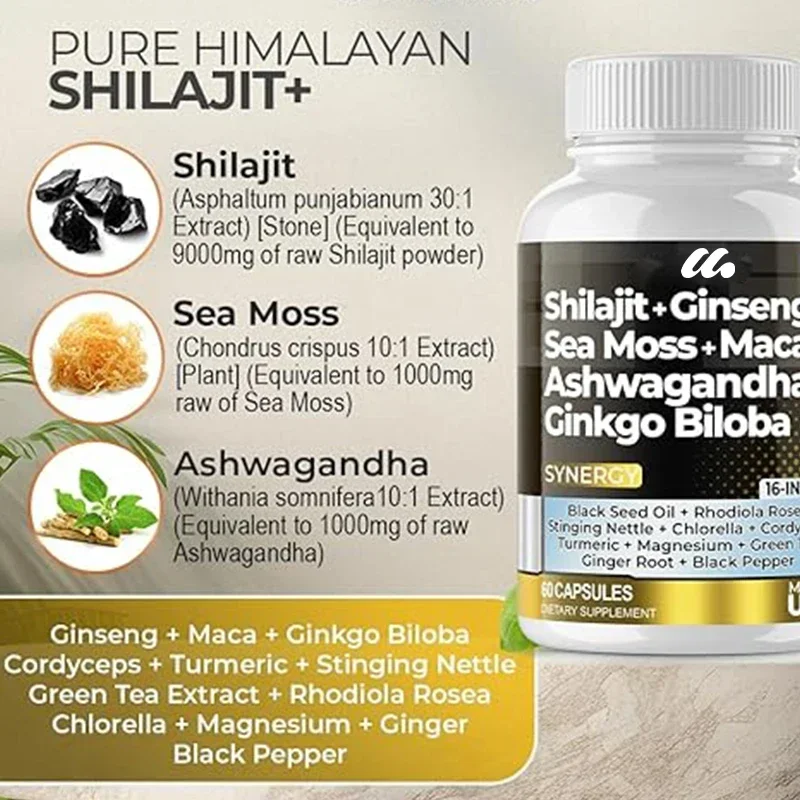 Shilajit supplement, South African drunken eggplant, seaweed, Rhodiola rose, Ginkgo biloba, trace mineral capsules