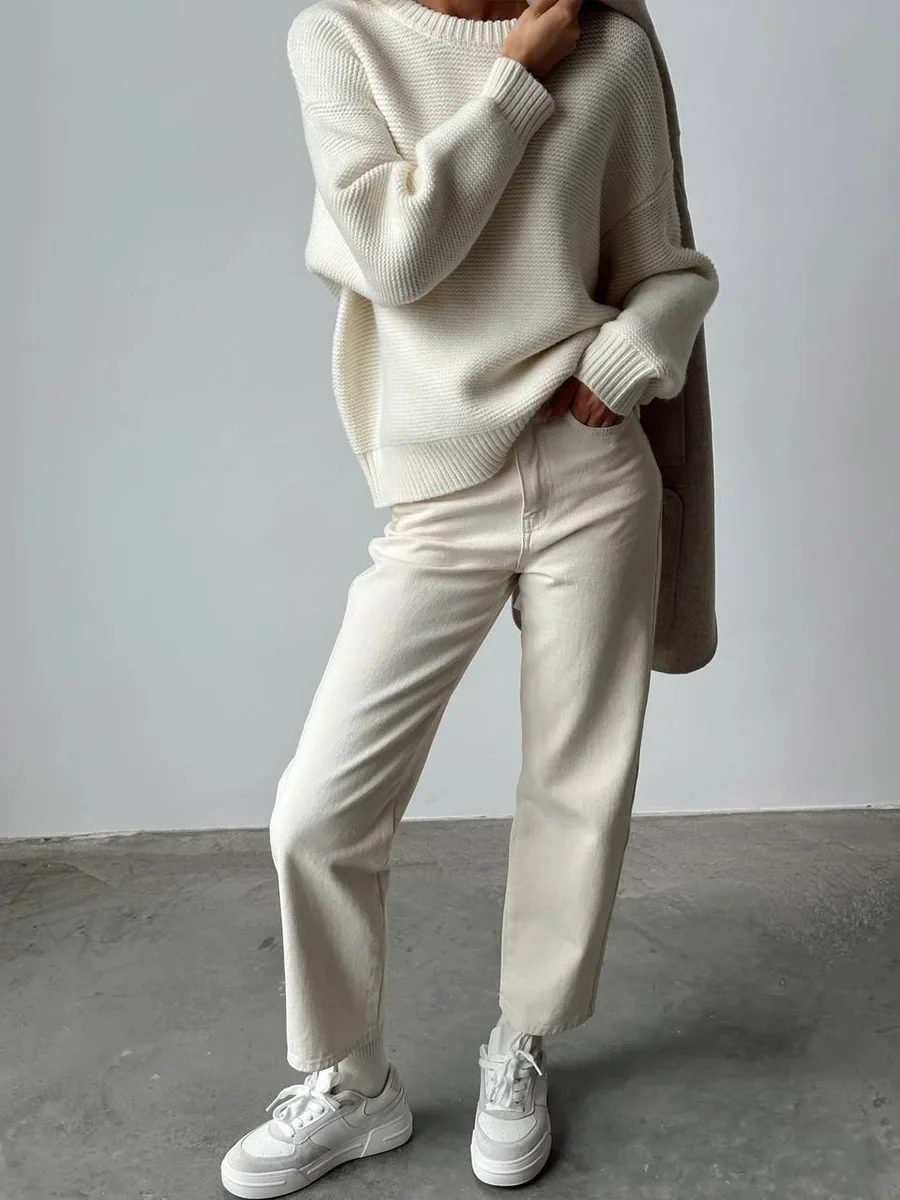 

Autumn Winter Knitted O- Neck Sweater Women's Loose Casual Thick Pullovers Fashion Warm Solid Color Cozy Sweater Top