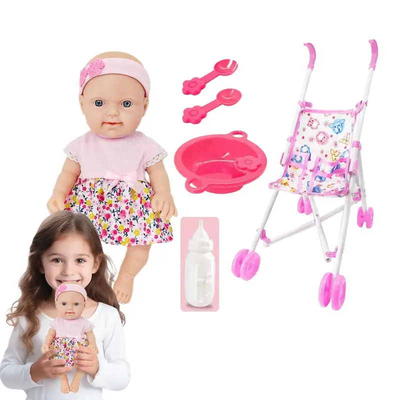 Doll Stroller Set Toddler Doll Accessories For Realistic Pretend Play 10 Inch Doll Playset With Stroller Doll Accessories