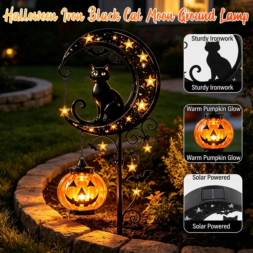 Iron Black Cat Moon Ground Lamp Waterproof Cat Moon Solar Lamp with Auto On/Off Solar-Powered Garden Light for Yard/Patio Decor