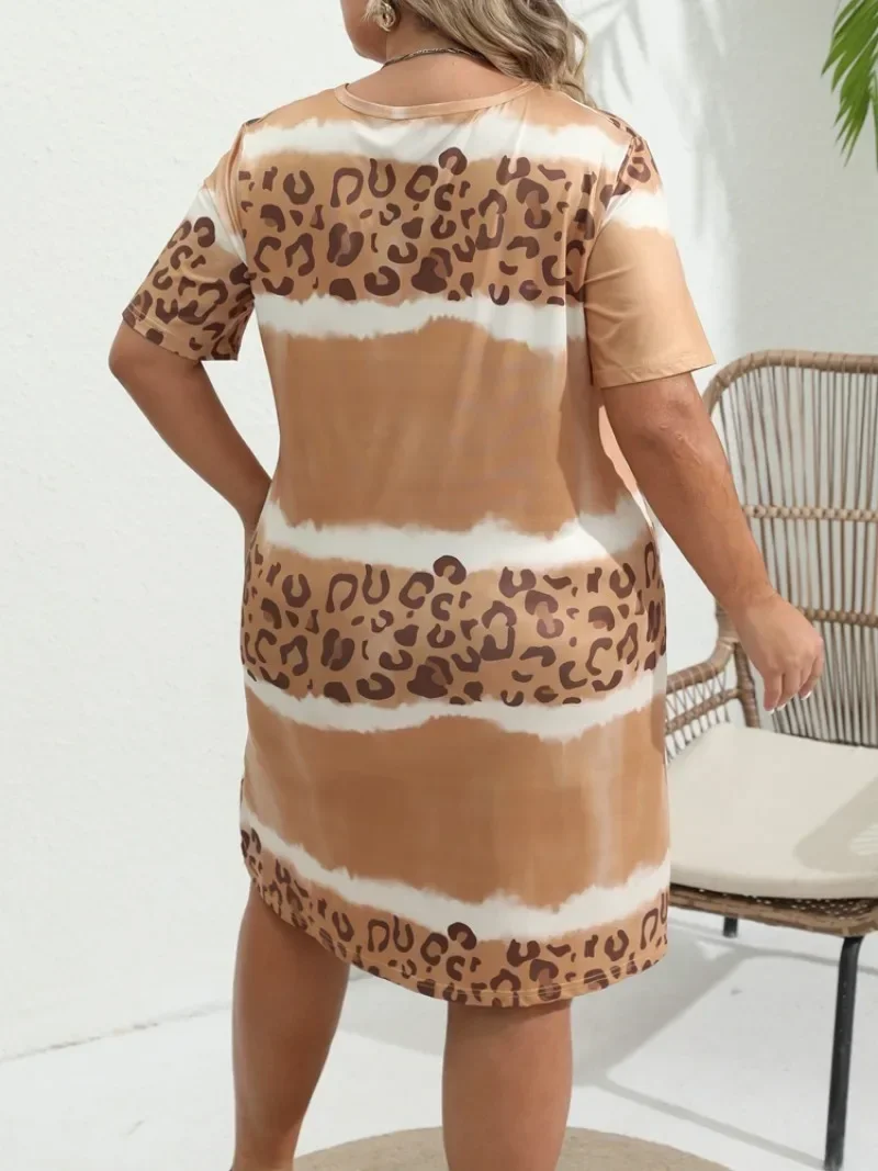 Modna sukienka na co dzień z krótkim rękawem Sukienka damska Tie Dye Leopard Krótki rękaw V Szyja Lekko rozciągliwa sukienka Plus Size