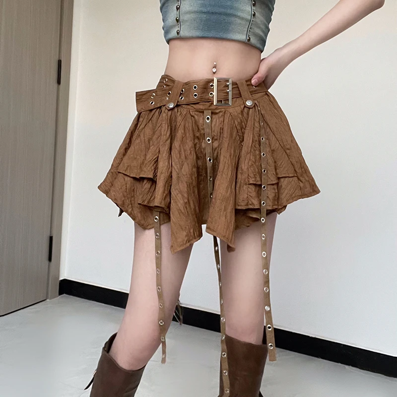 Street style irregular skirt hem with flowing straps, women's high waisted textured A-line belt short skirt