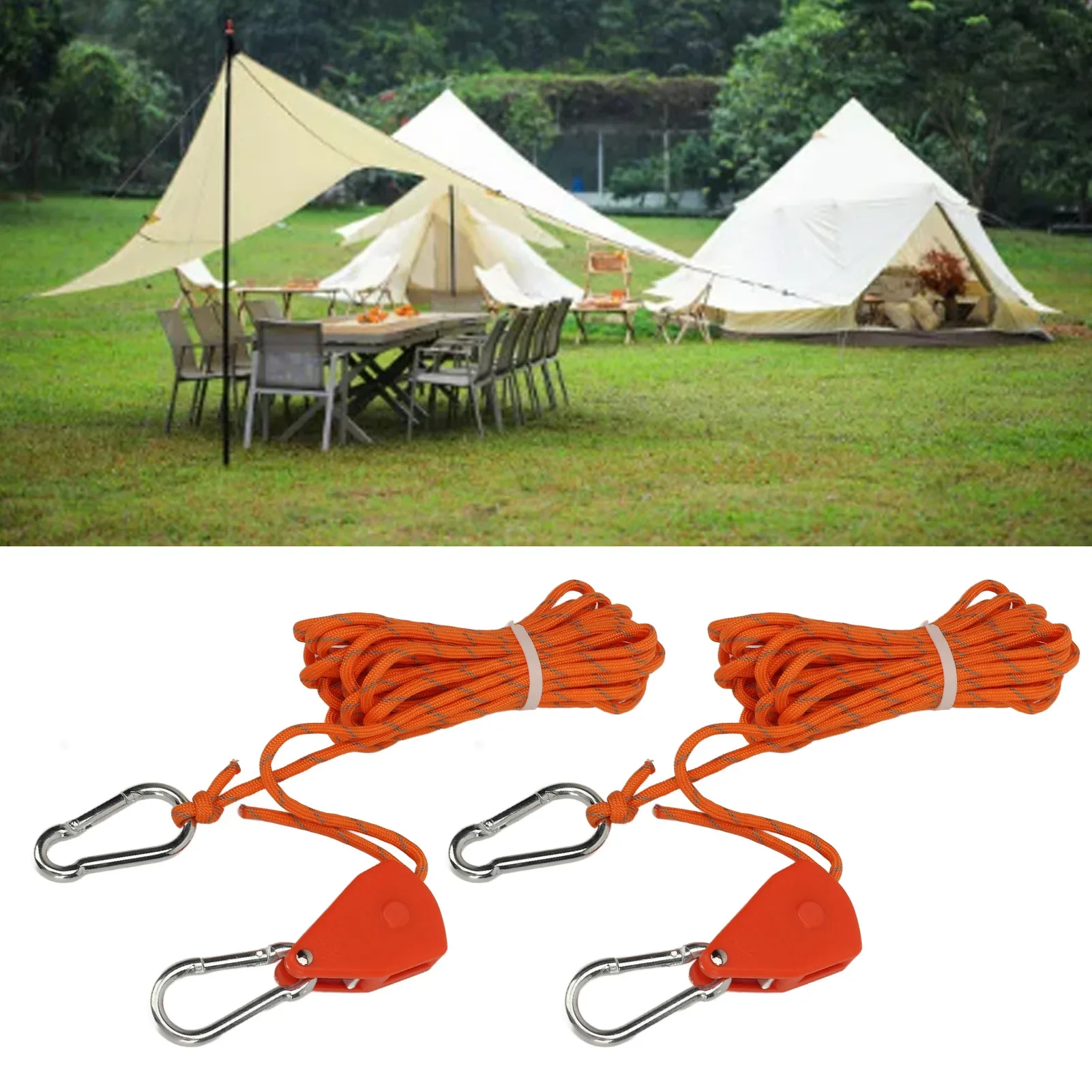 2PCS Camping Rope With Pulley Tent Cord 16.4ft Orange Adjustable Reflective Strip Strong Camping Gear For Outdoor