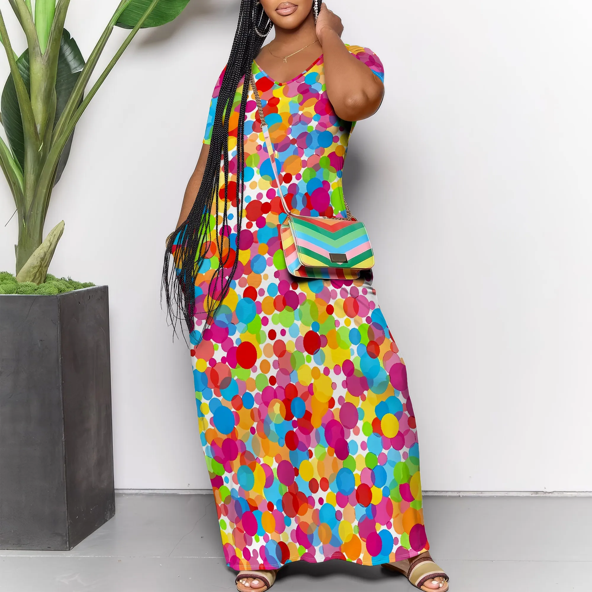 

Nupusa Polka Dot Print Dress for Women Standard Size Summer Casual V Neck Short Sleeve Maxi Dress