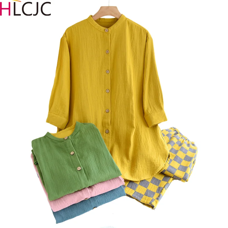 

2023 Spring Pajama Set For Women's Summer Thin Cotton Crepe Home Suit Breathable and Comfortable Home Suit Ladies Soft Sleepwear