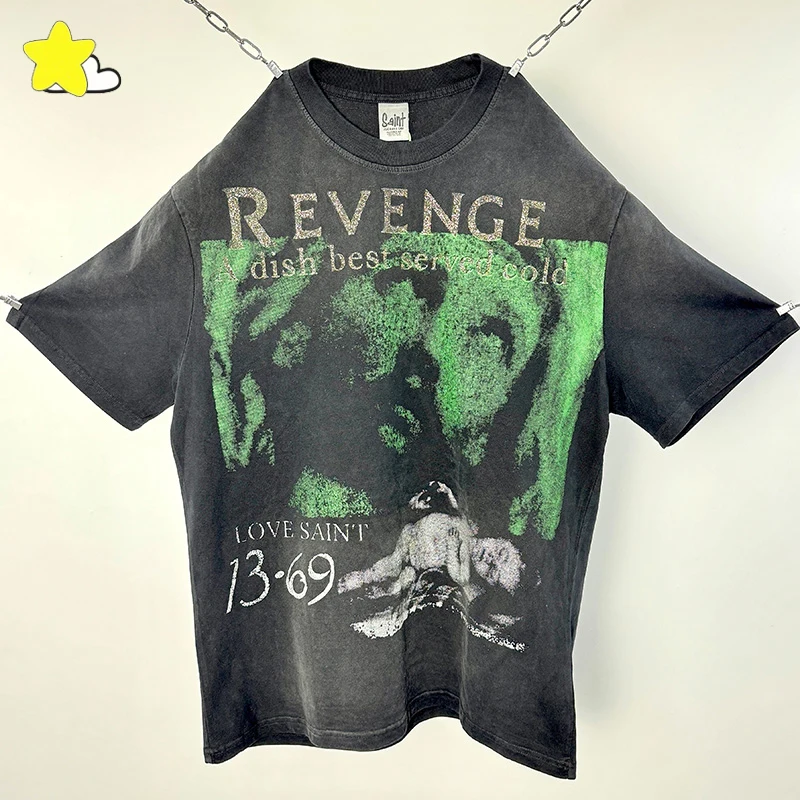 

Hip Hop Classic Graphics Print Short Sleeve Tee Men Women Vintage Washed Black Saint T Shirt Top Quality Cotton T-Shirt