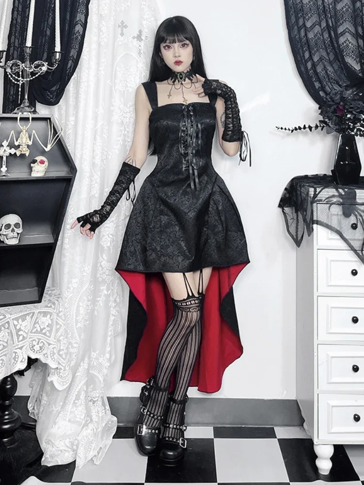 AltGoth Fairy Mall Gothic Kleid Frauen Ästhetische Kokette Streetwear Ärmellose Hohe Taille Bandage Korsett Kleid Cosplay Clubwear