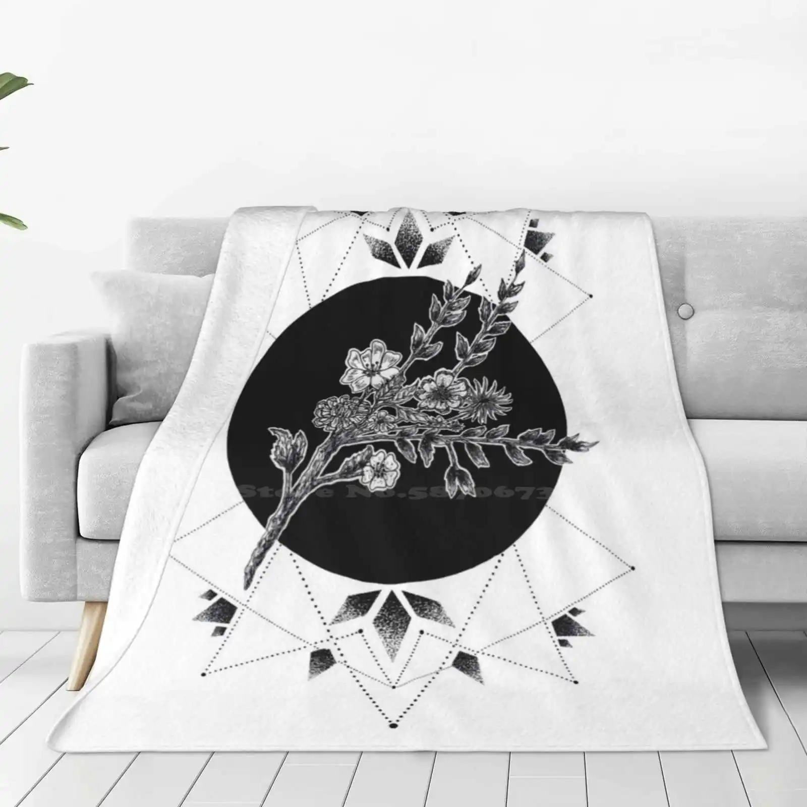 Geometric Garden Creative Design Light Thin Soft Flannel Blanket Stippling Ink Black Flowers Leaves Leaf Shapes Tattoo