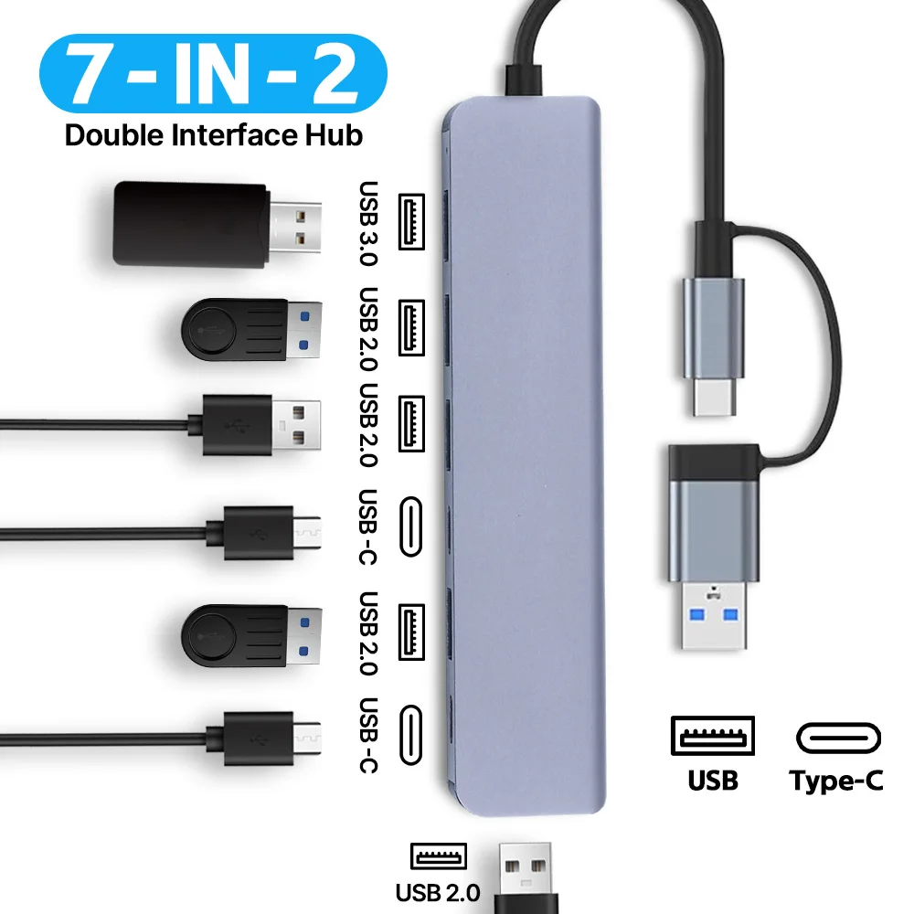 7 Ports 2-in-1 USB 3.0 HUB Type-c Adapter Splitter Dock Multiport USB 2.0 High Speed Transmission Expander For PC Computer