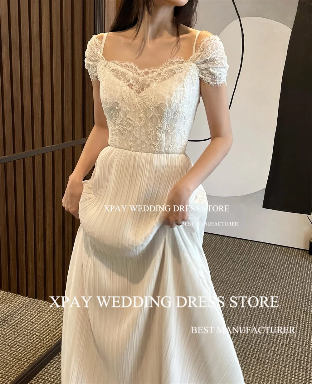 XPAY Lace V Neck  A Line Korea Wedding Dresses Pleats Chiffon Spaghetti Straps Bridal Dress Backless Short Sleeve Custom Gown