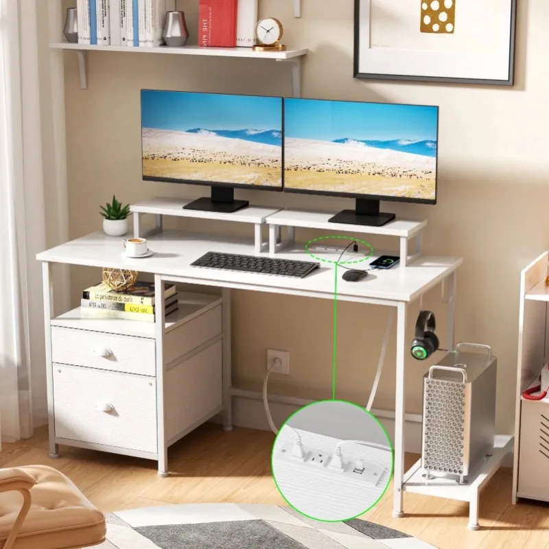 

47" Computer Desk with Drawers & Charging Station, Gaming Desk with Movable Monitor Stands, Storage Shelves & File Cabinet