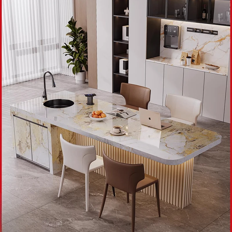 

Flush Rock Slab Island Dining Table Integrated Large Apartment Kitchen Island Cooking Table