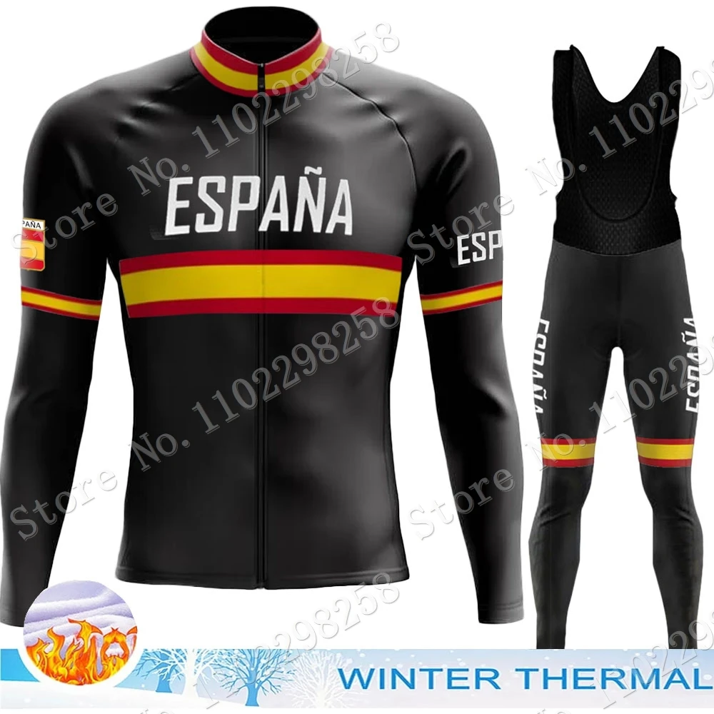 espana-national-team-cycling-jersey-set-manga-comprida-roupa-de-inverno-road-bike-suit-calcas-babador-btt-espanha-preto-2023