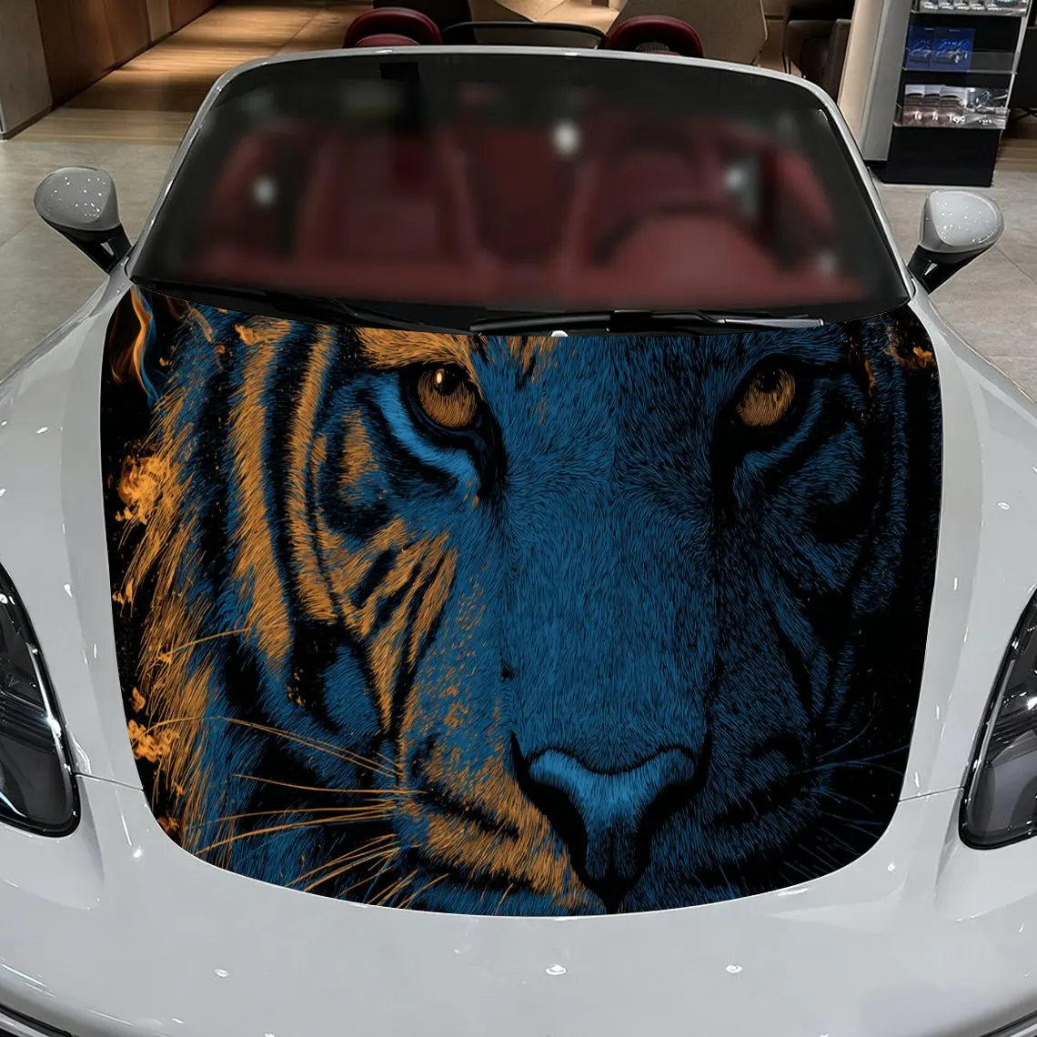 Car Decals A Tiger Design in a Bold, Color-Contrasted Textured Background with Artistic, Dynamic Visual Details Car Hood Sticker