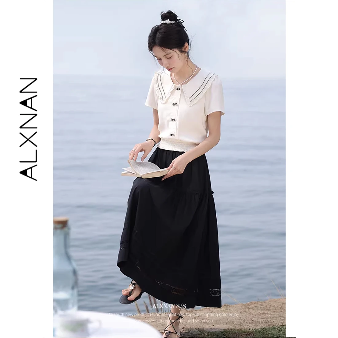 

ALXNAN Women's Shirt 2026 Summer Peter Pan Collar Elegant Casual Shirt Loose-fit Button Design Short Sleeve Blouse Female L55565