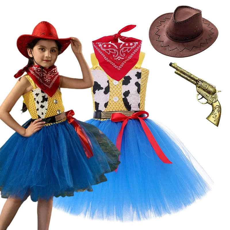 

Игрушка-костюм Вуди из «Истории игрушек» для девочек, наряды для косплея, детские костюмы на Хэллоуин, нарядные туту-платья с ковбойской шляпой и шарфом