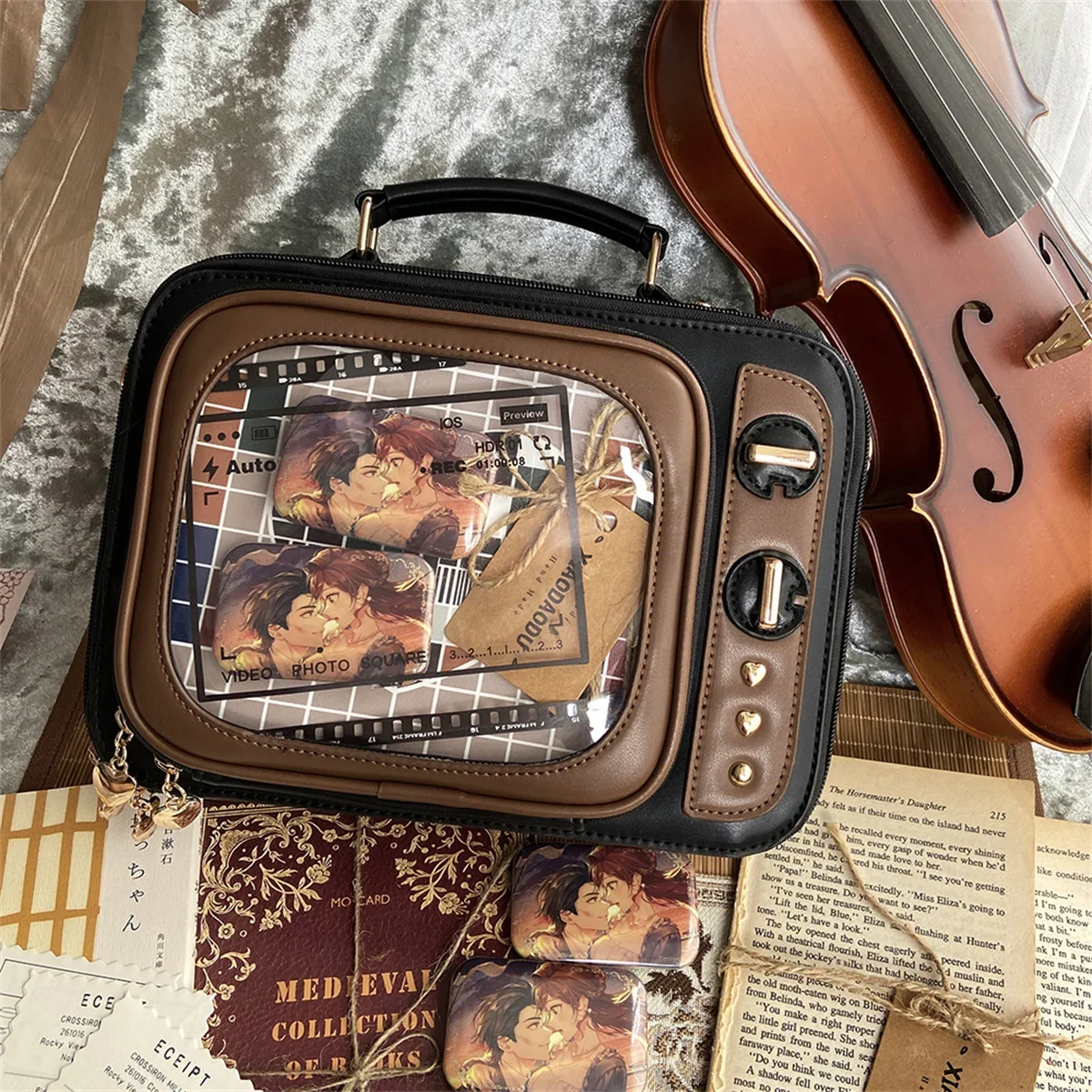 Vintage Style Cosplay Lolita Sweet Cute Girls Square Television  Bag Bowknot Love Zipper Rivet Handbag  Shoulder  Backpack