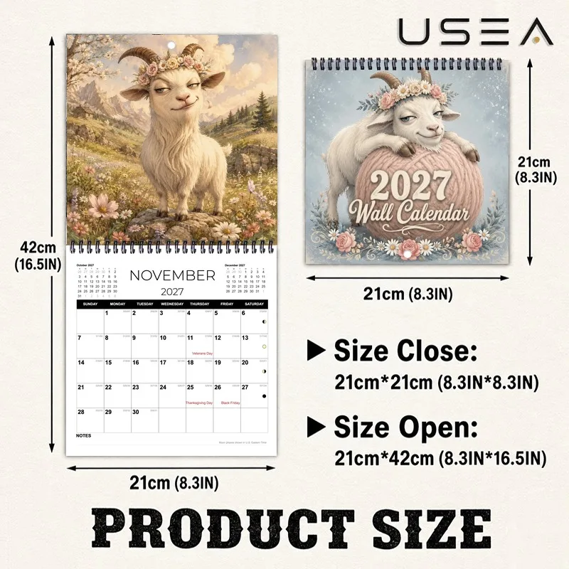 2027 Square Spiral Wall Calendar, Goat Floral Design, Month Planner with Habit Tracker,US Holidays,Ideal Gift for Moms,Coworkers