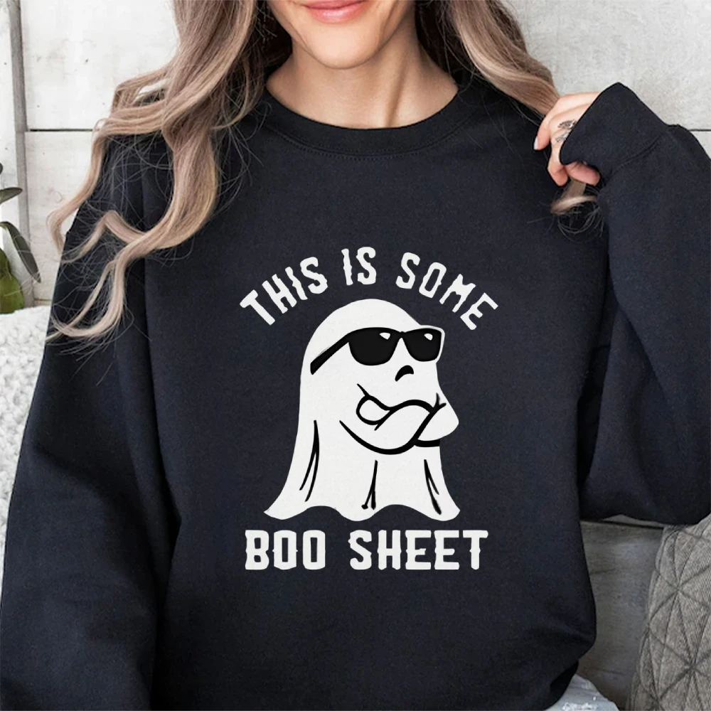 

This Is Some Boo Sheet Sunglasses Ghost Women’s Halloween Autumn Winter Sweatshirt Spooky Season Cute Ghost Long Sleeve Lady Top